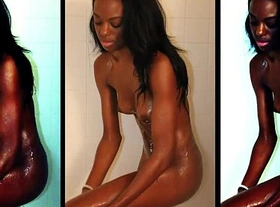 Skinny ebony caught while she takes a shower and masturbates for the camera