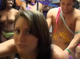 Dorm room orgy party with amateur teens sucking and fucking
